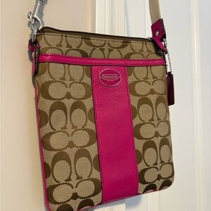 Coach Brown Signature Canvas Crossbody with Bright Pink Trim